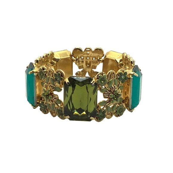Filagree Stretch Bracelet Gold Tone Blue Green Floral - Picture 1 of 5